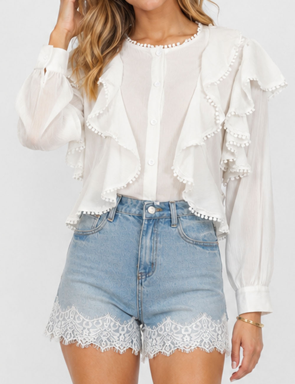 Ladies Elegant Ruffle Trim Button Front Long Sleeves Blouse