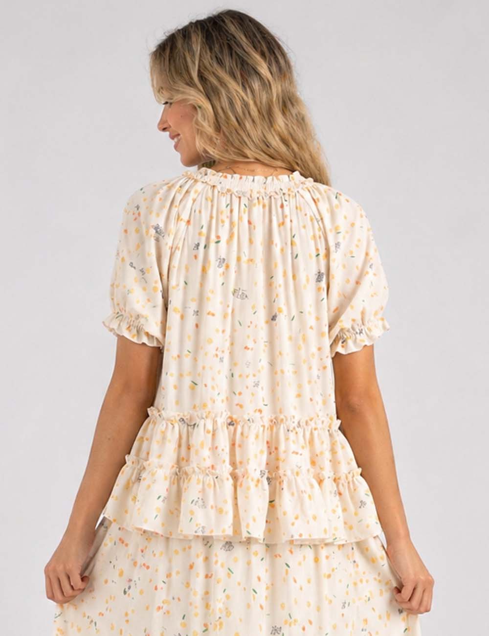 Ladies Floral Print Ruffle Hem Tie Neck Short Sleeves Babydoll Blouse