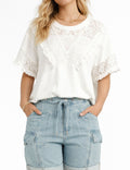 Ladies Romantic Lace Round Neck Ruffle Sleeves Top