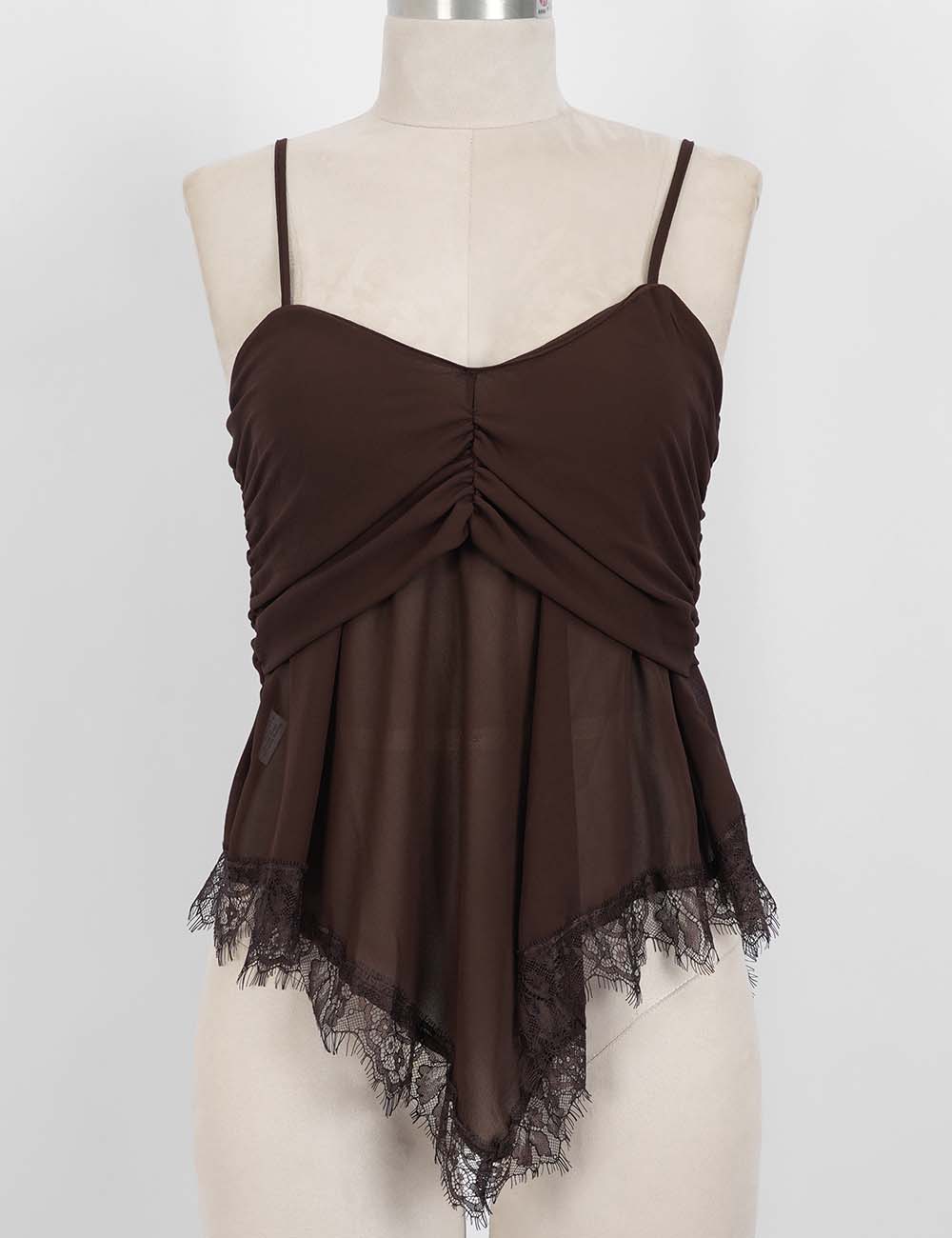 Ladies Sheer Mesh Lace Hem Spaghetti Strap Cami Top