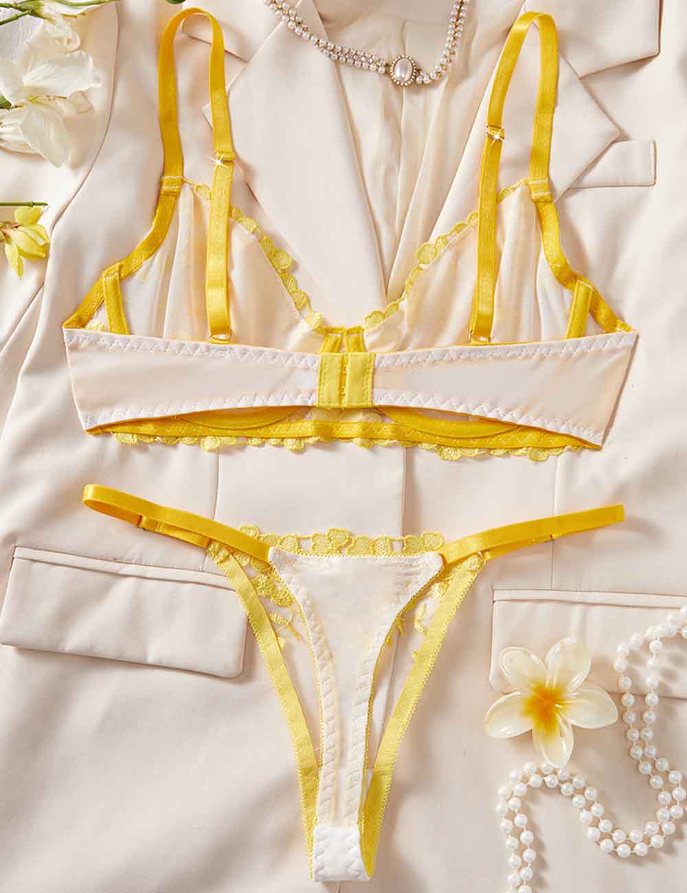 Ladies Sexy Solid Color Embroidery Sheer 2PCS Lingerie Set