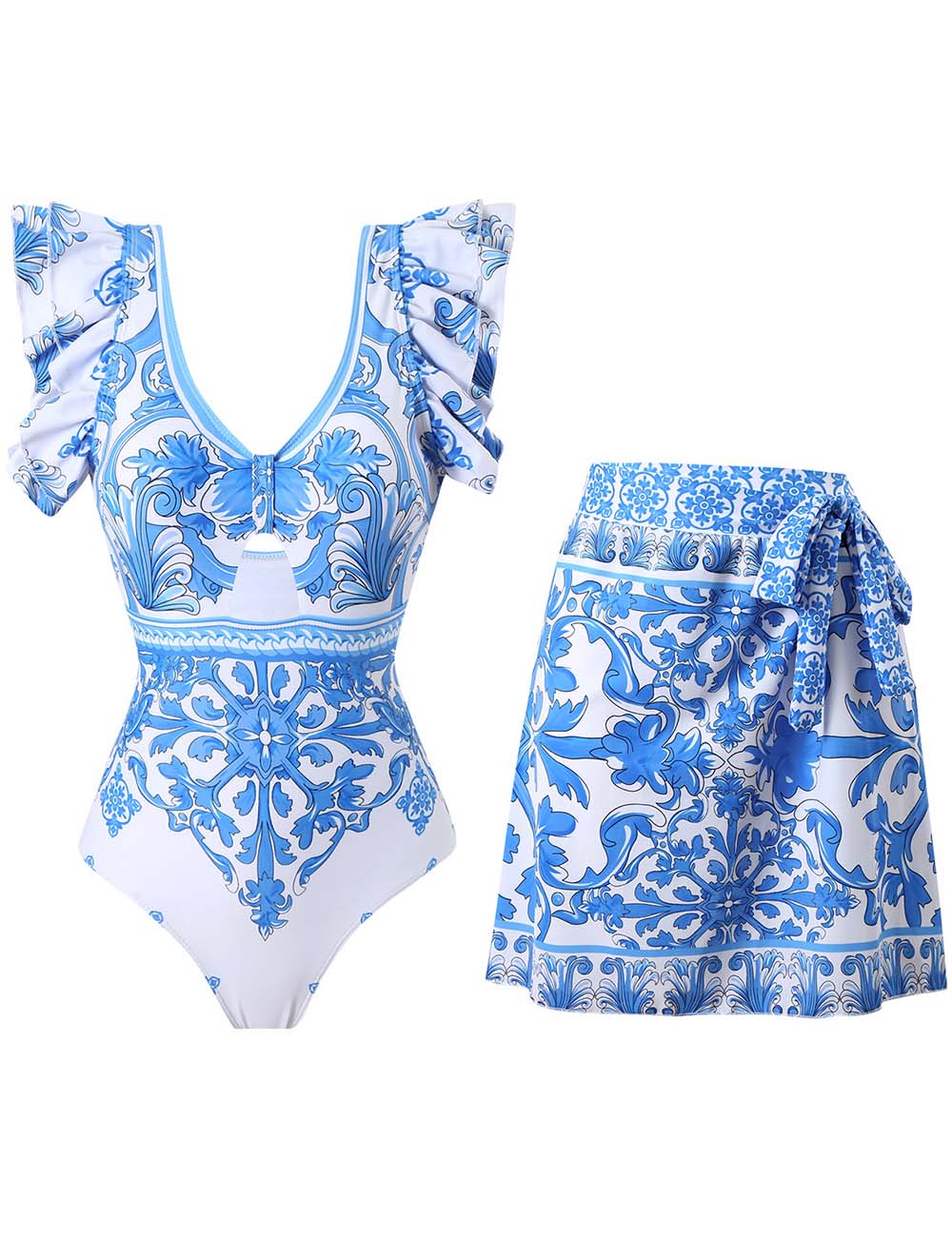Ladies Ruff Sleeves One-Piece Swimsuit with Wrap Sarong