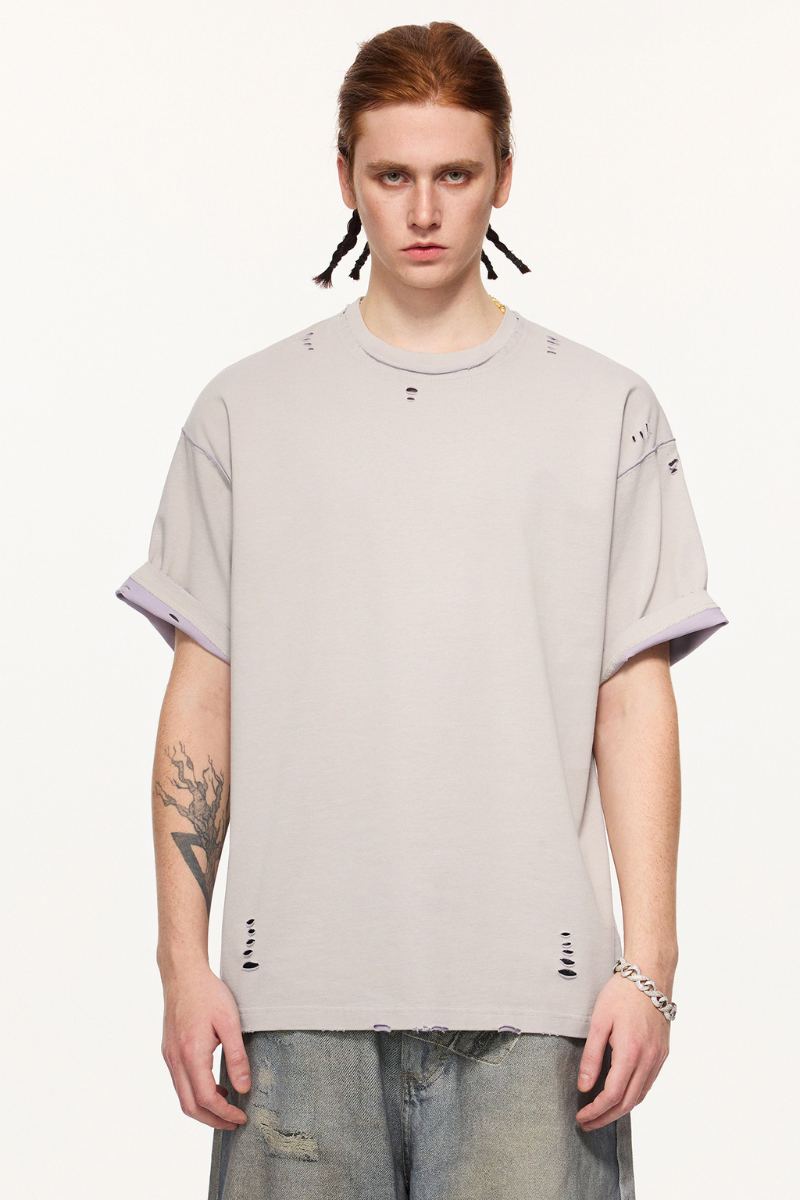 Men's Summer 240g Cotton Reversible Distressed Loose Tee