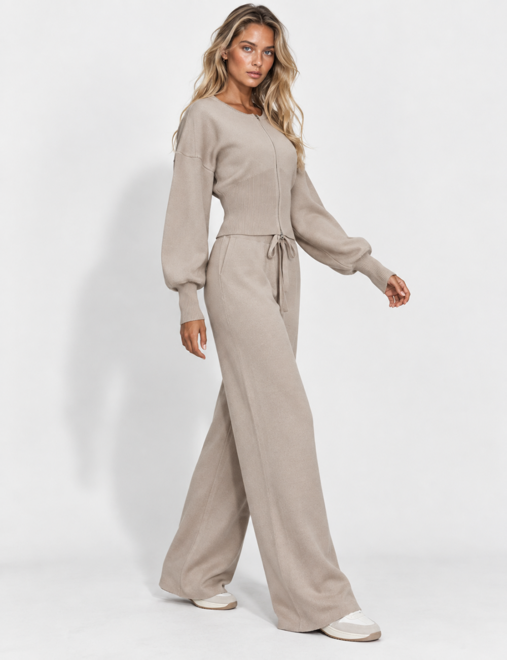 Ladies Zip-Up Solid Color Knit Top & Pants 2PCS Set
