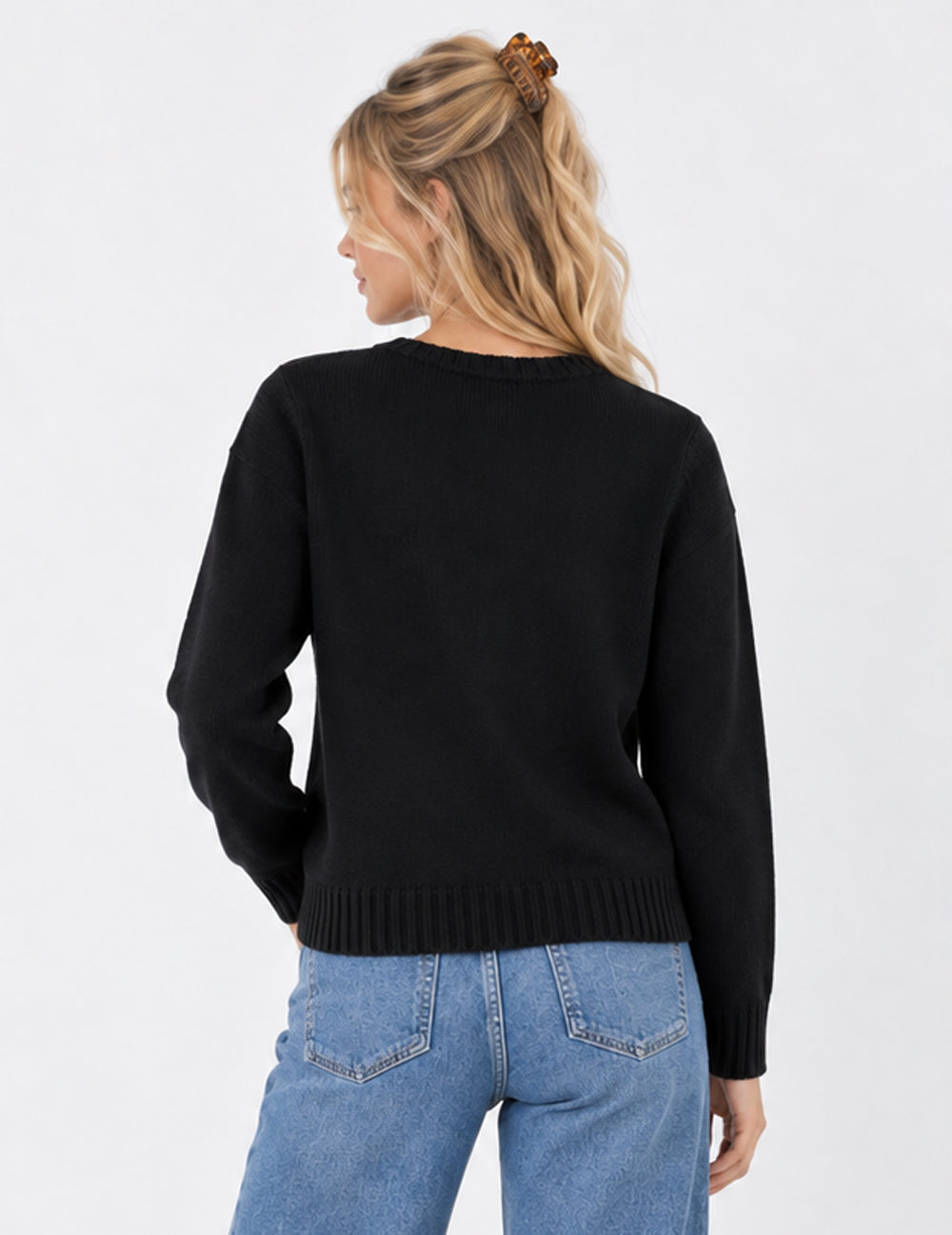 Ladies Fish Jacquard Crew Neck Cropped Knit Sweater