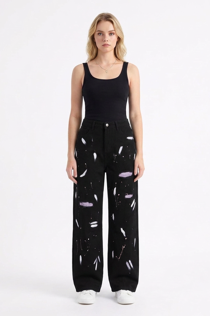 Women's High Waist Graffiti Ripped Wide Leg Jeans