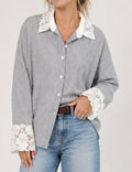 Ladies Striped Lace Trim Shirt Button-Down Blouse