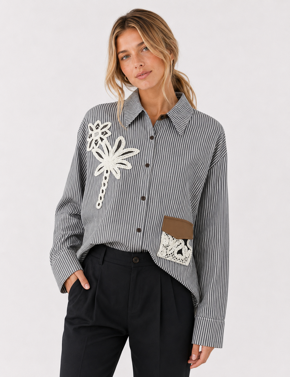 Ladies Striped Embroidery Floral Pocket Button-Down Shirt