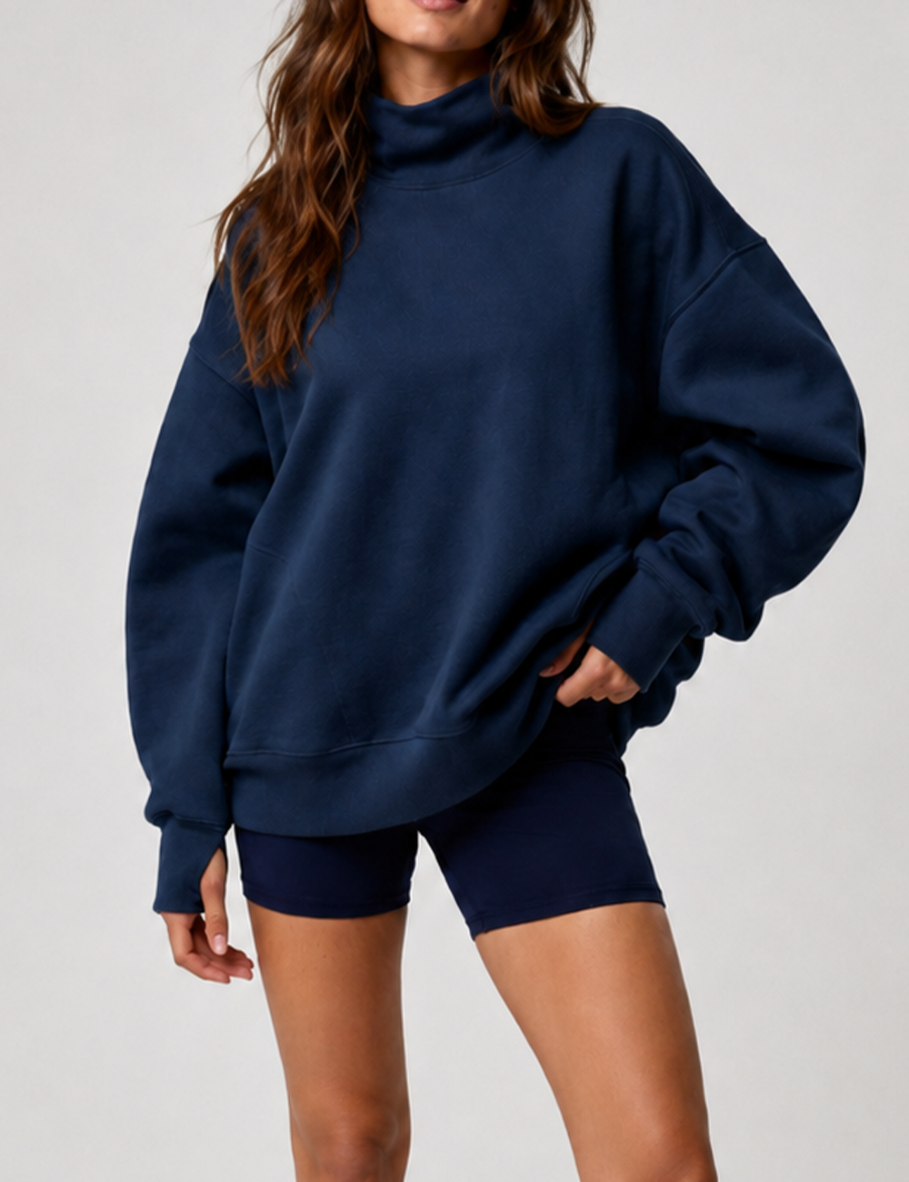 Ladies Casual Mock Neck Long Sleeves Pocket Pullover Sweatshirt