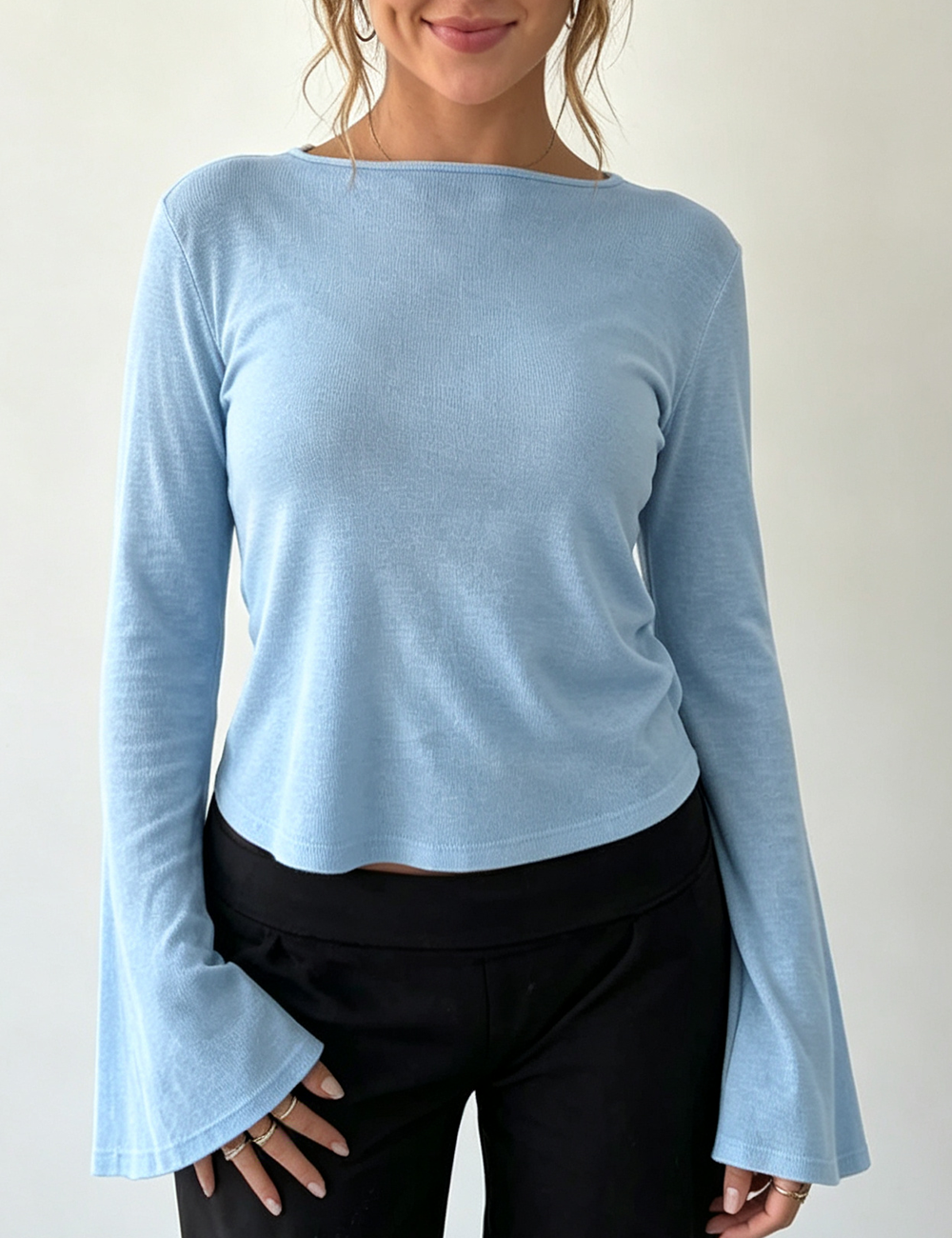 Ladies Casual Solid Round Neck Flare Sleeves Top