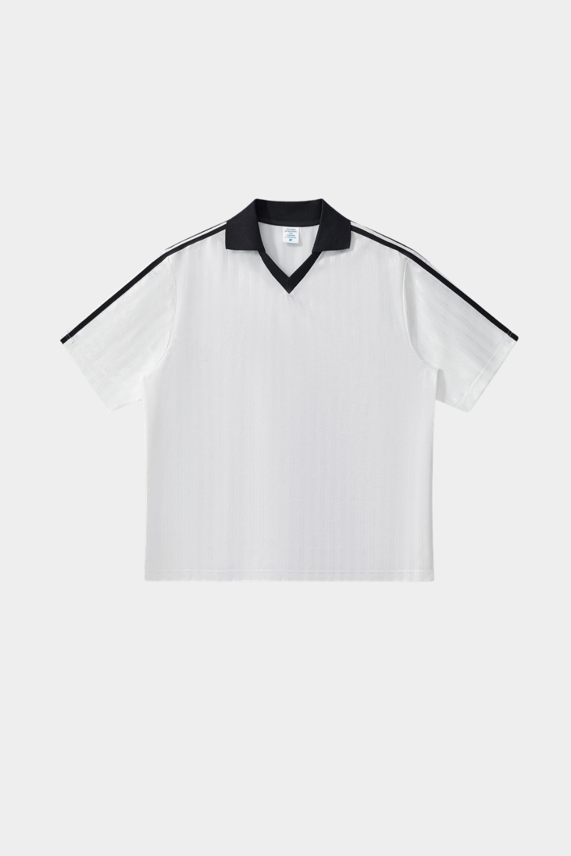 Color-blocked collegiate style V-neck short-sleeved top