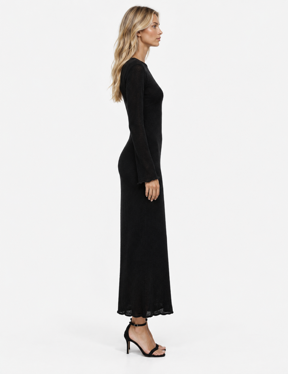 Ladies See Through Round Neck Long Sleeves Maxi Dress