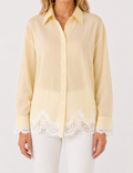 Ladies Striped Lace Hem Long Sleeves Button-Down Shirt