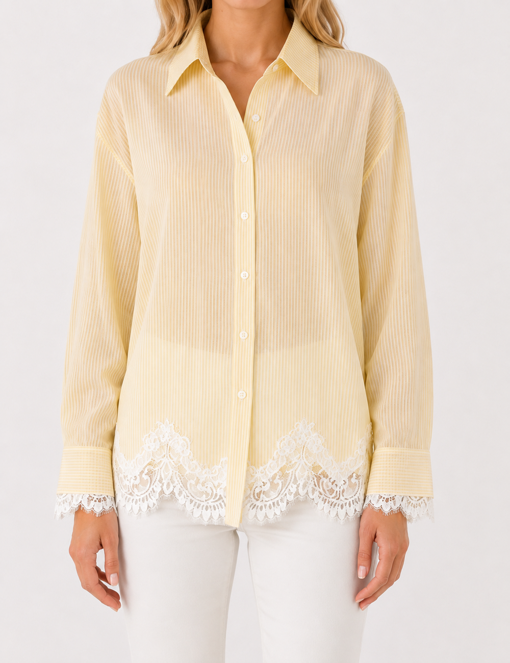 Ladies Striped Lace Hem Long Sleeves Button-Down Shirt