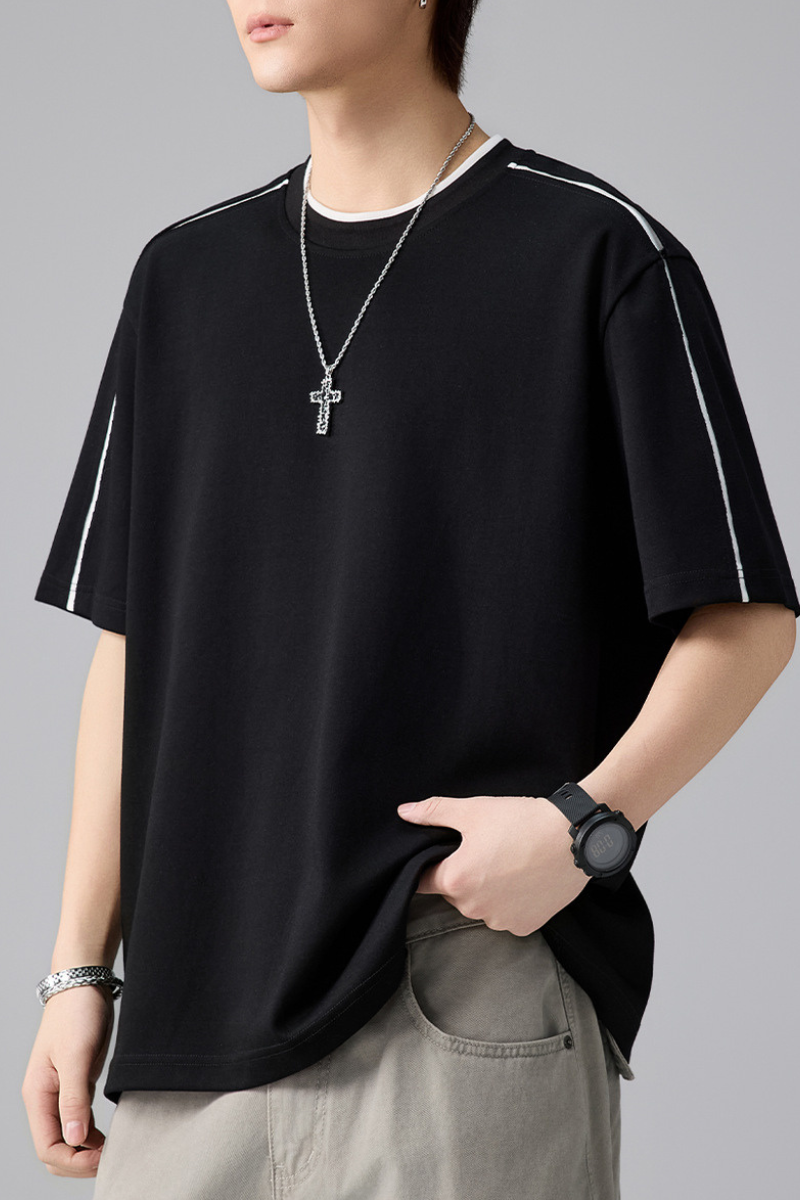 Men's Summer Loose Crewneck Drop Shoulder Side Webbing Tee