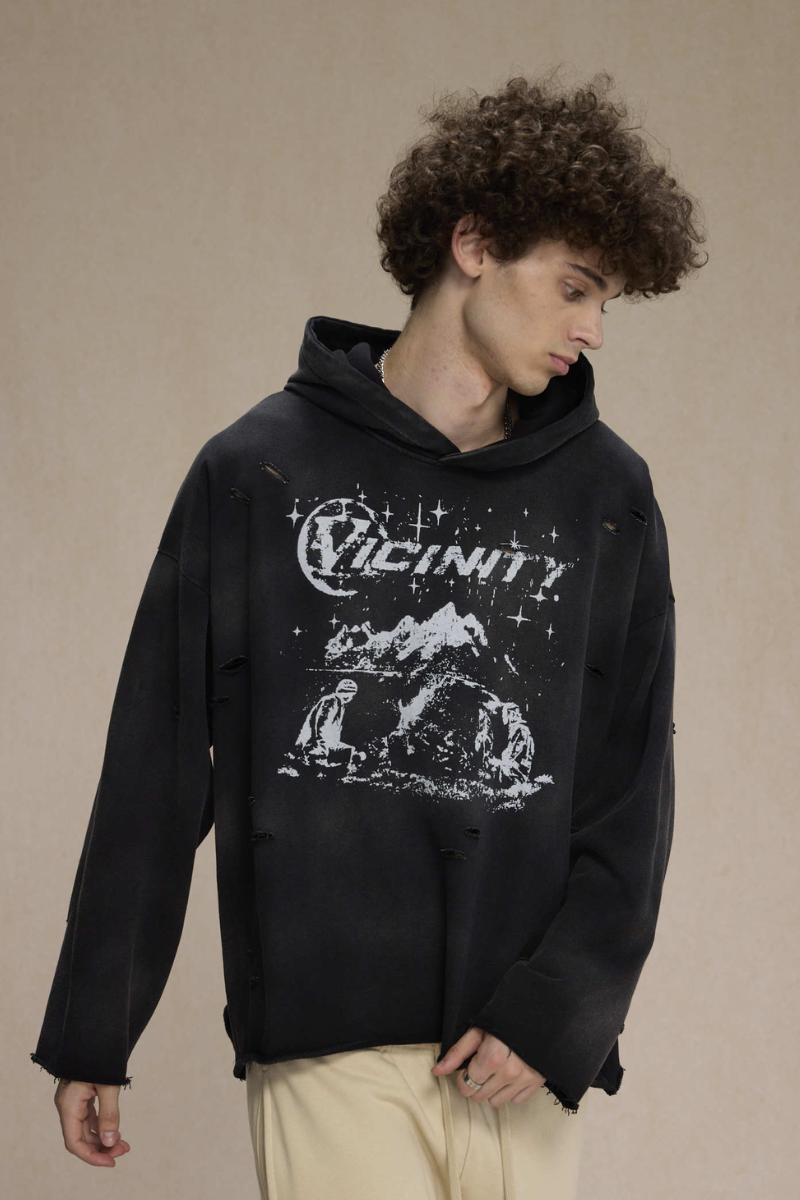 Men's Fall Clothing Distressed Frayed-Edged Vintage Hoodie