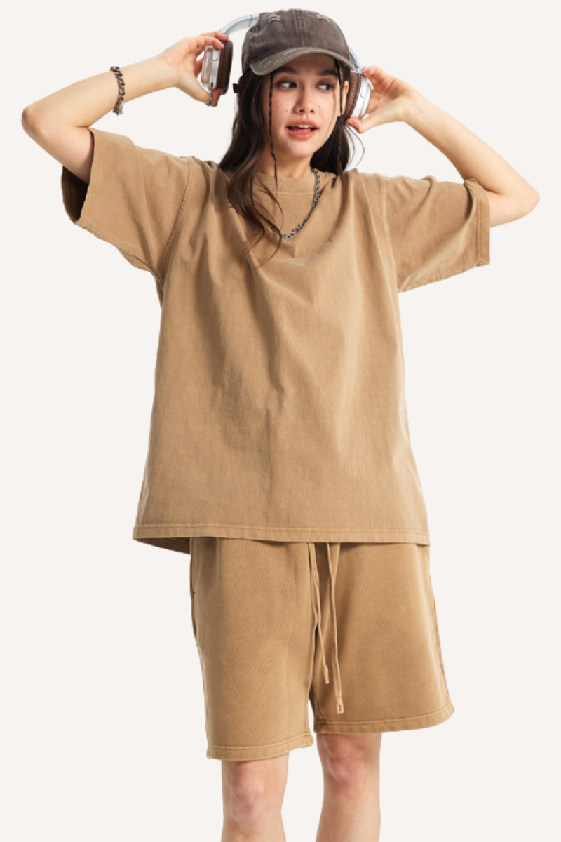 Unisex Summer Washed Distressed Fade Tee & Shorts Set