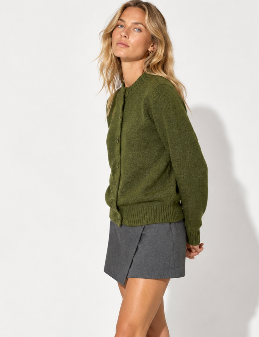 Ladies Solid Color Button Front Crew Neck Knit Cardigan