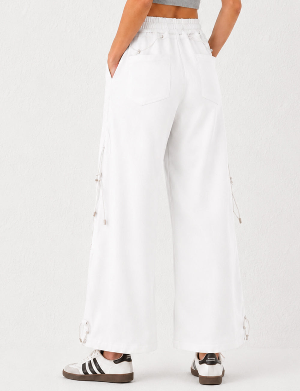 Ladies Drawstring Metal Toggle Elastic Waist Wide Leg Pants