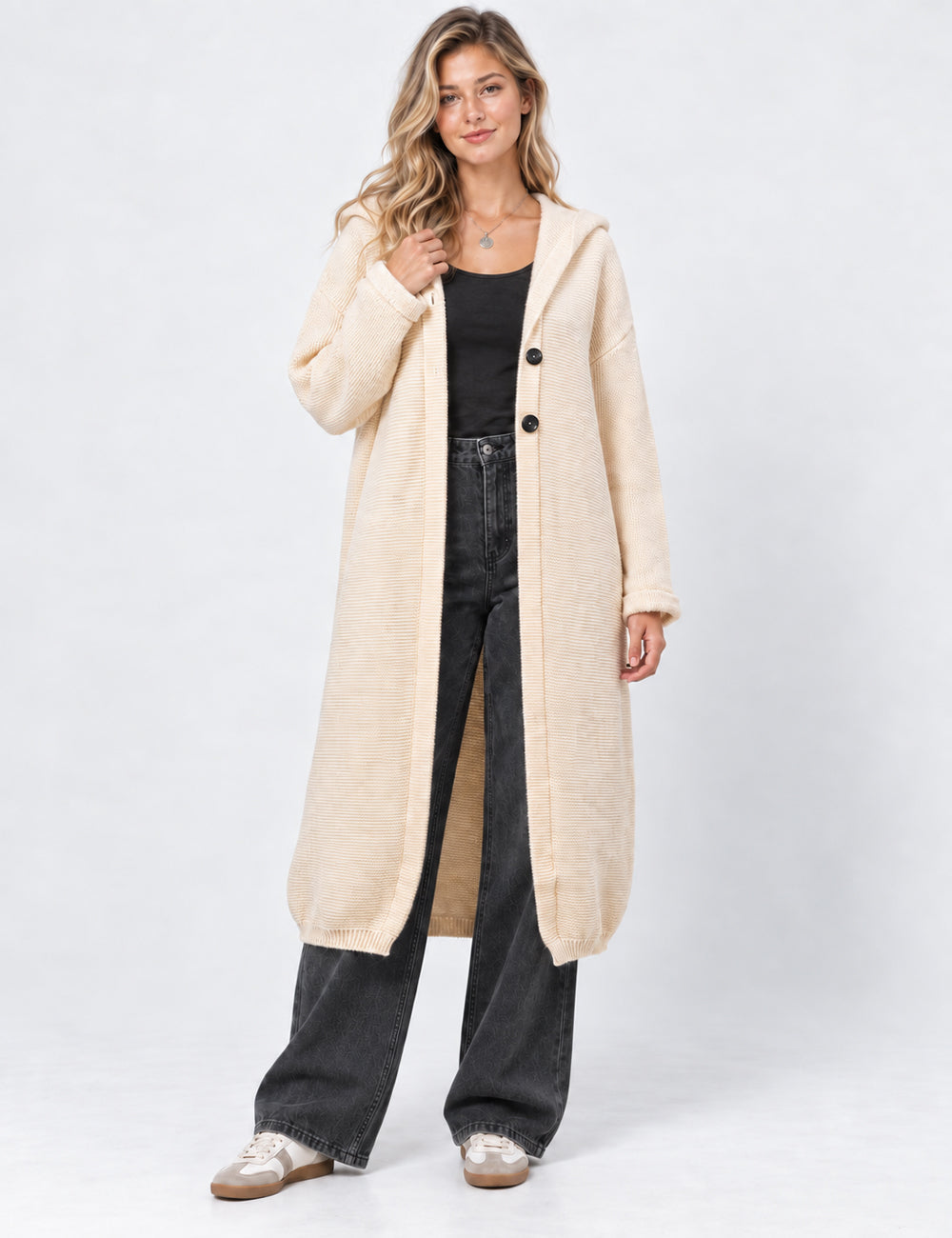 Ladies Button Hooded Solid Color Sweater Coat Cardigan
