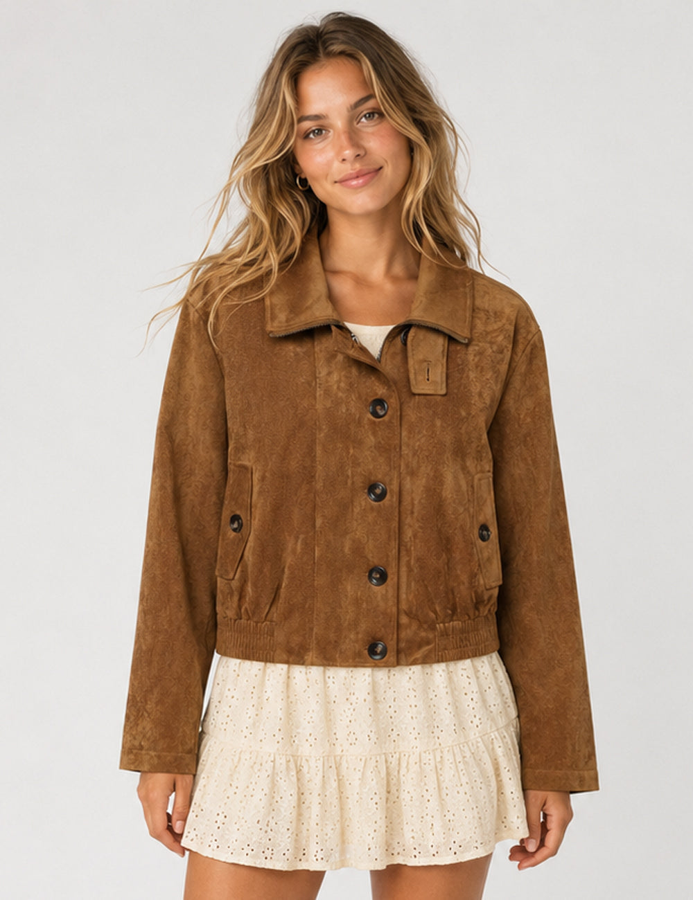 Ladies Casual Faux Suede Lapel Collar Button Crop Jacket