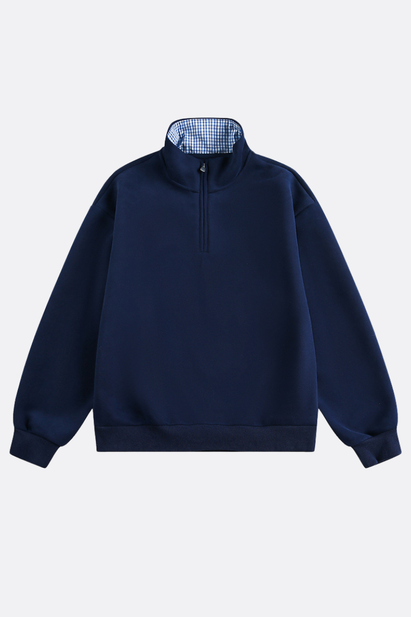 Unisex Spring Plaid Patchwork Half Zip Loose Hoodie