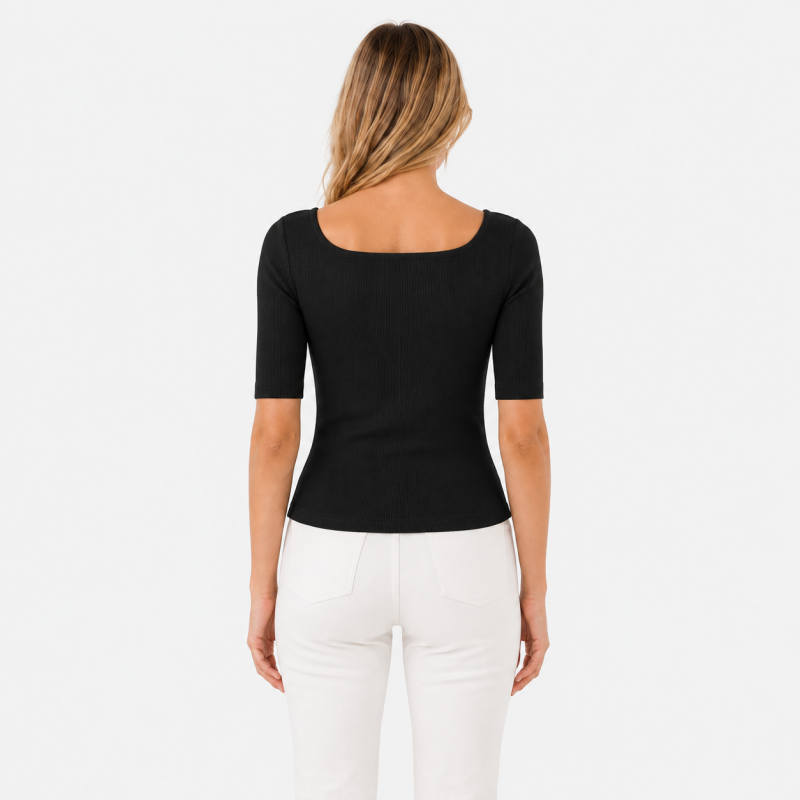Ladies Scoop Neck Button Short Sleeve Top
