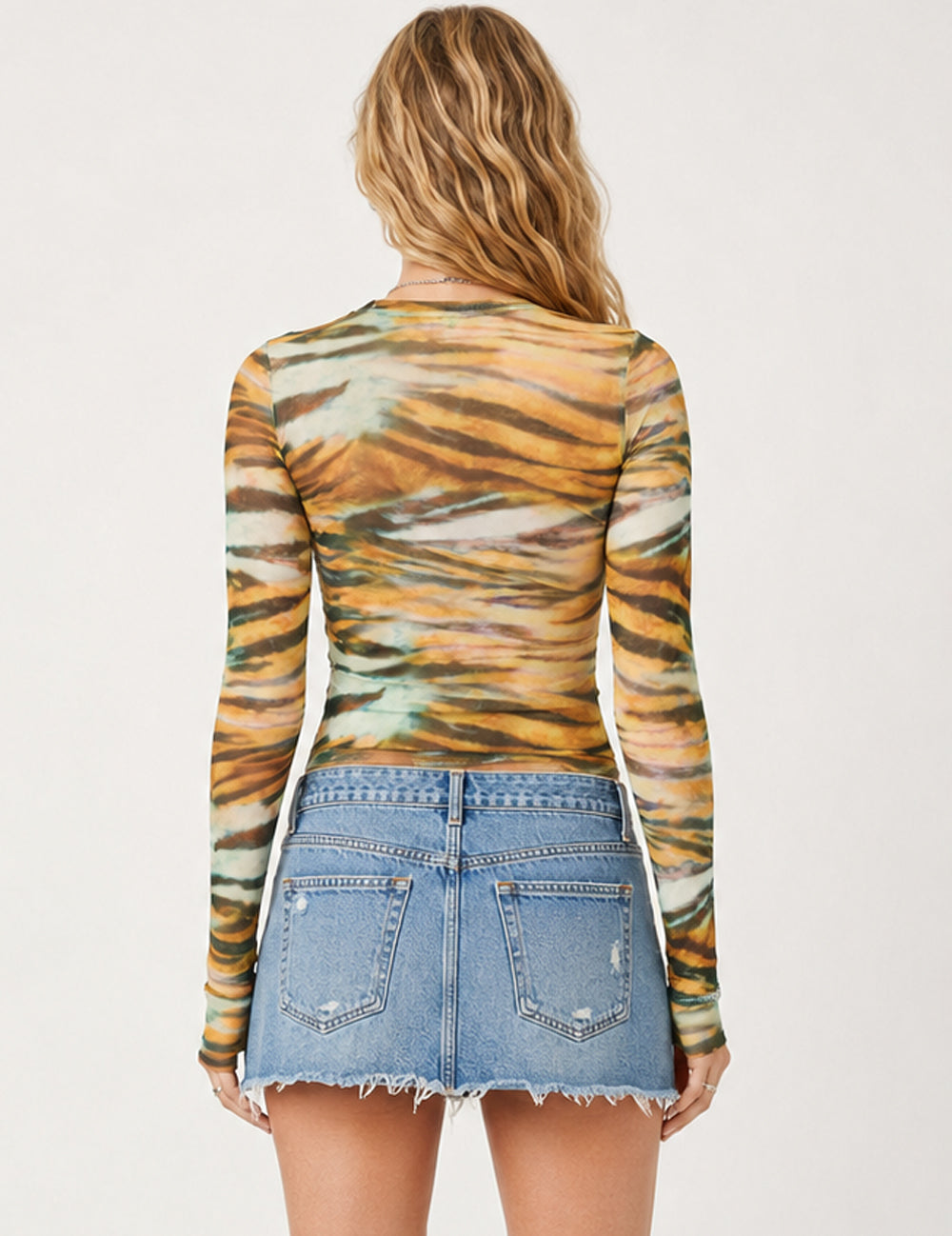Ladies Casual Tie-Dye Print Sheer Mesh Long Sleeves Top
