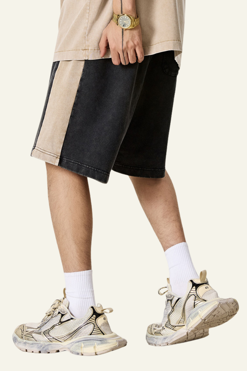 Men's Cotton Streetwear Color-Block Vintage Patchwork Shorts