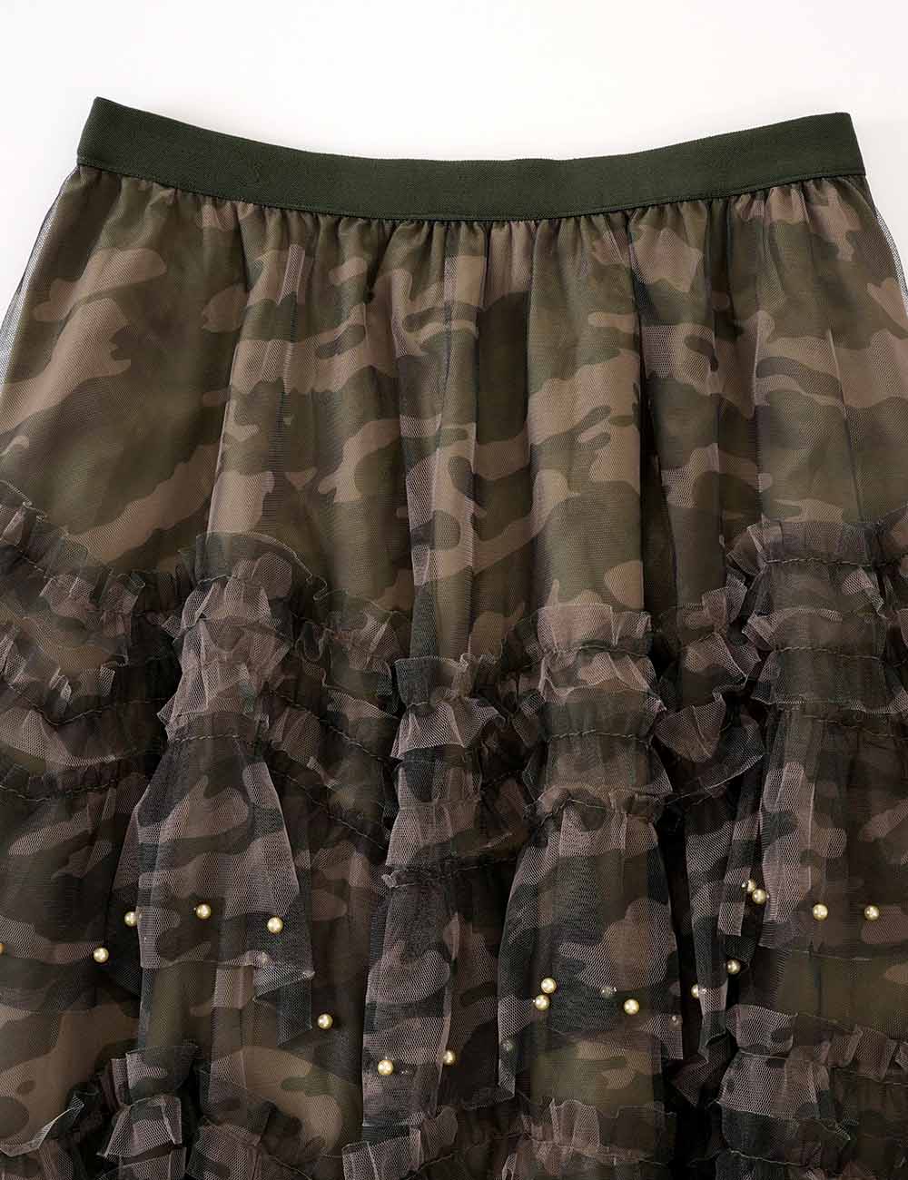 Ladies Casual Camo Print Pearl Tiered Ruffle Tulle Maxi Skirt