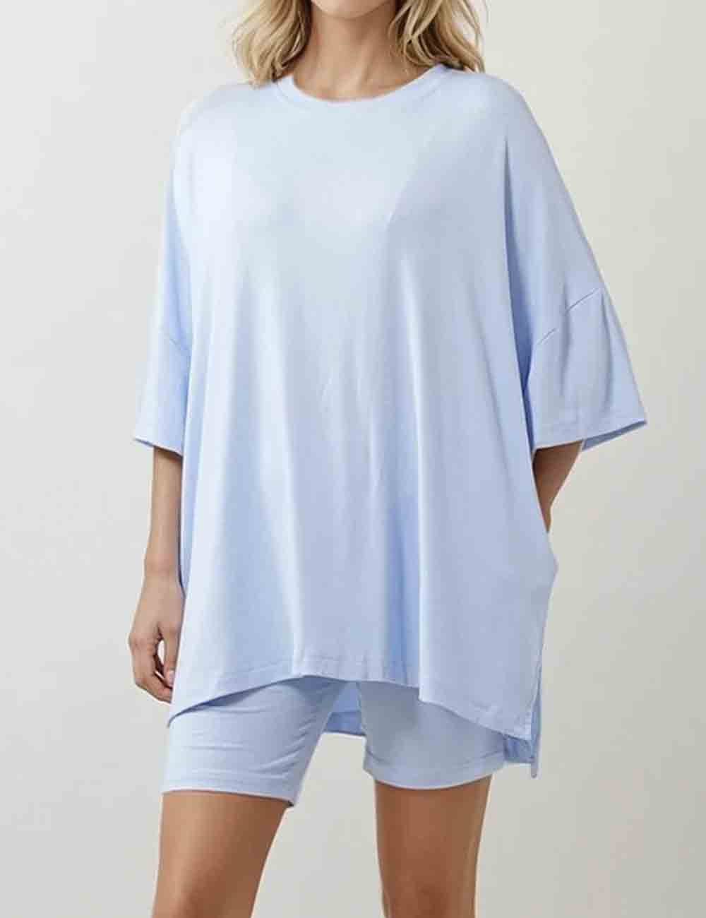 Ladies Solid Loungewear Outfits Loose Top & Slim Shorts Set