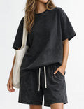 Ladies Washed Round Neck Short Sleeves T-shirt & Shorts Matching Set