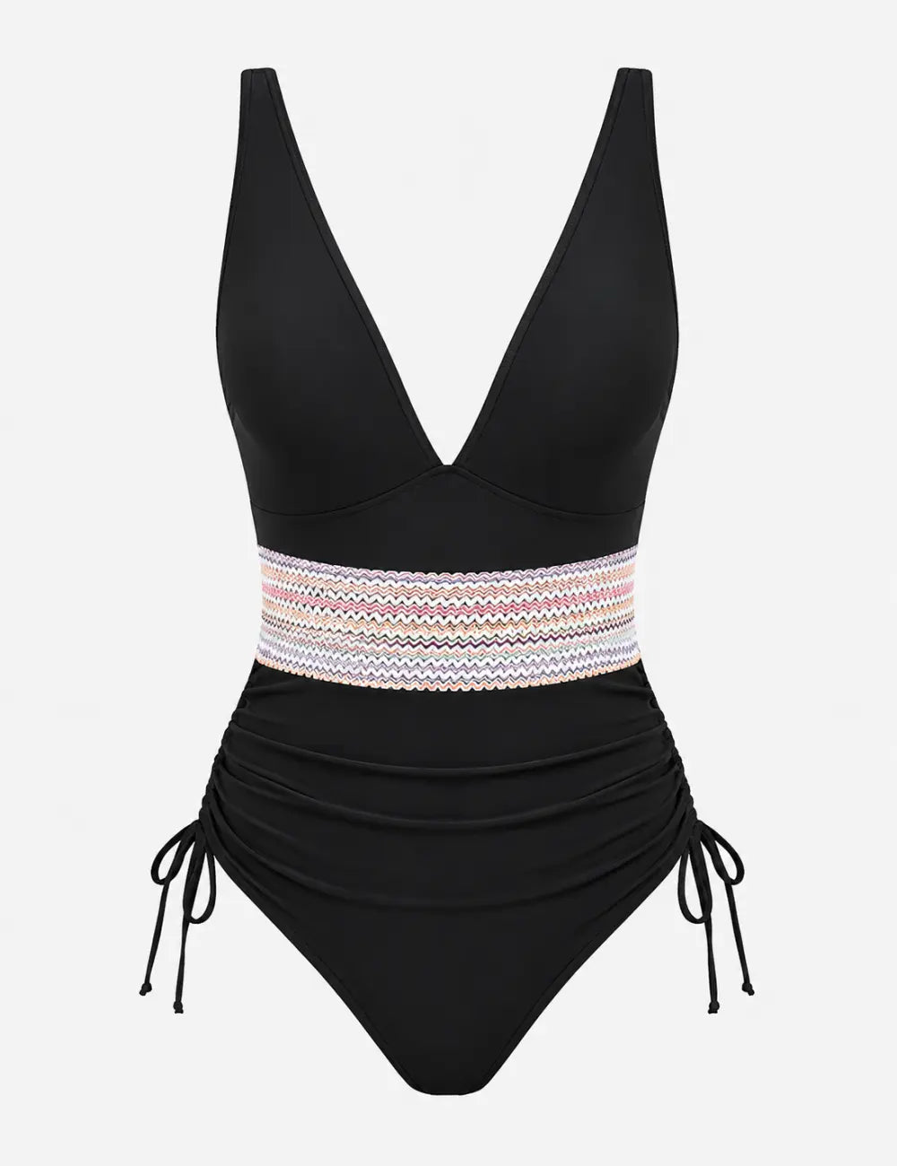 Ladies Deep V-Neck Adjustable Side Drawstring One Piece Swimsuit