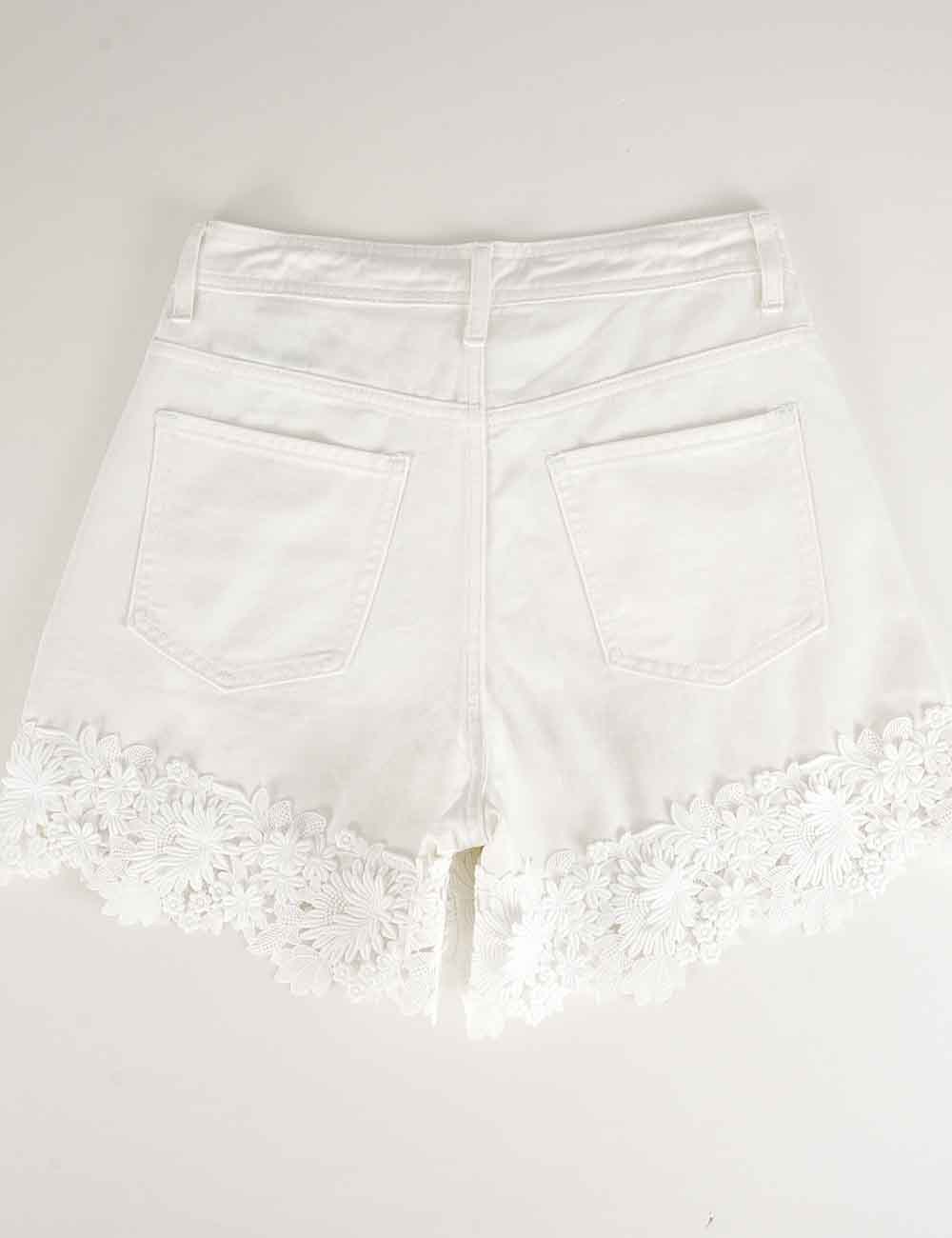 Ladies Floral Lace Trim Solid Color Denim Shorts