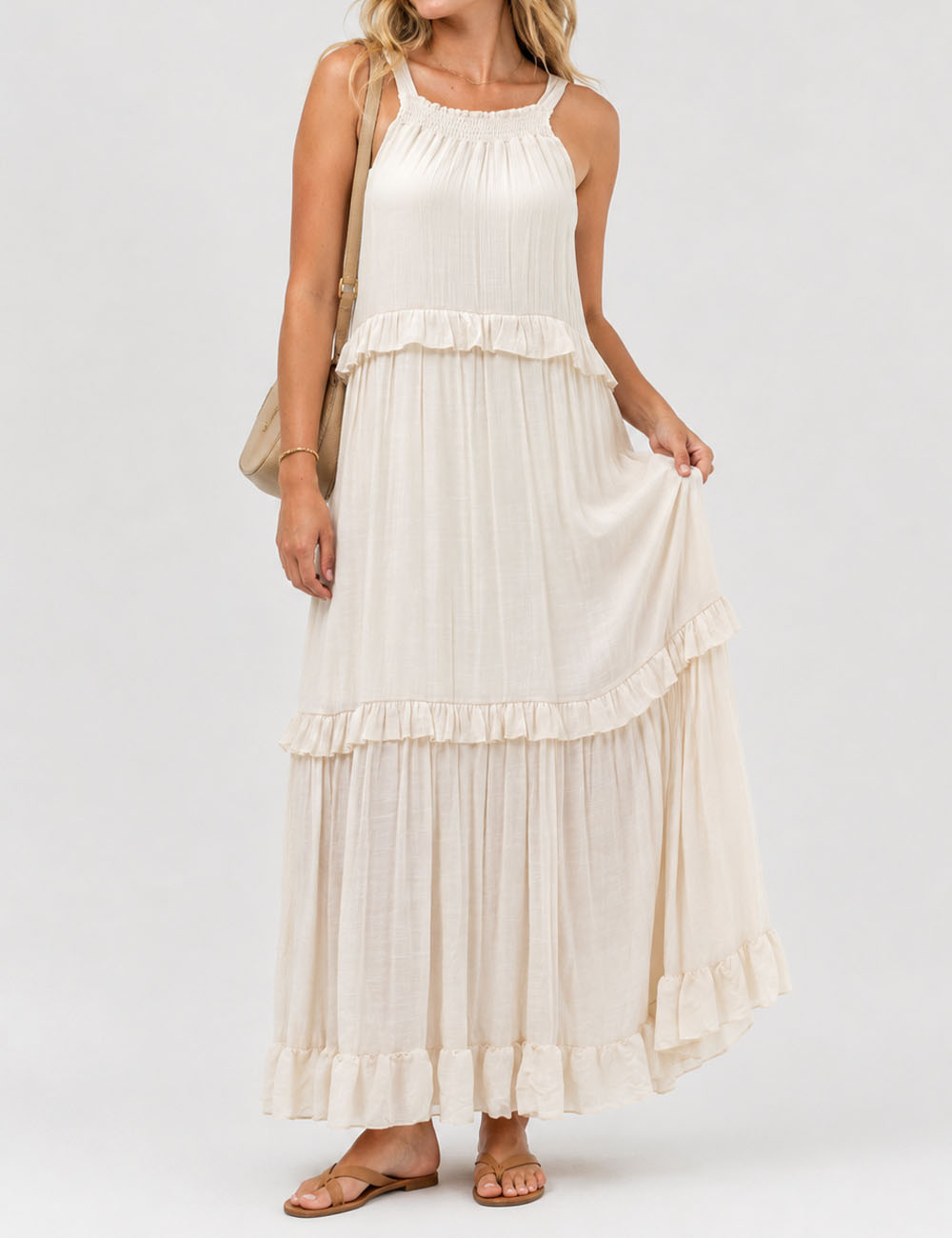 Ladies Boho Ruffle Tiered Hem Sleeveless Solid Color Maxi Dress