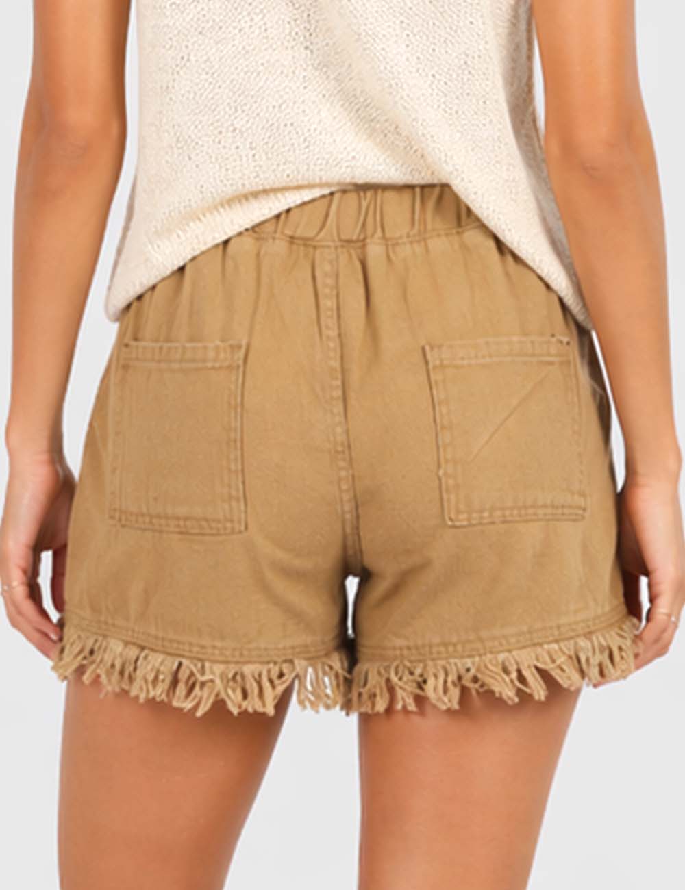 Ladies Solid Color Drawstring Waist Frayed Hem Denim Shorts