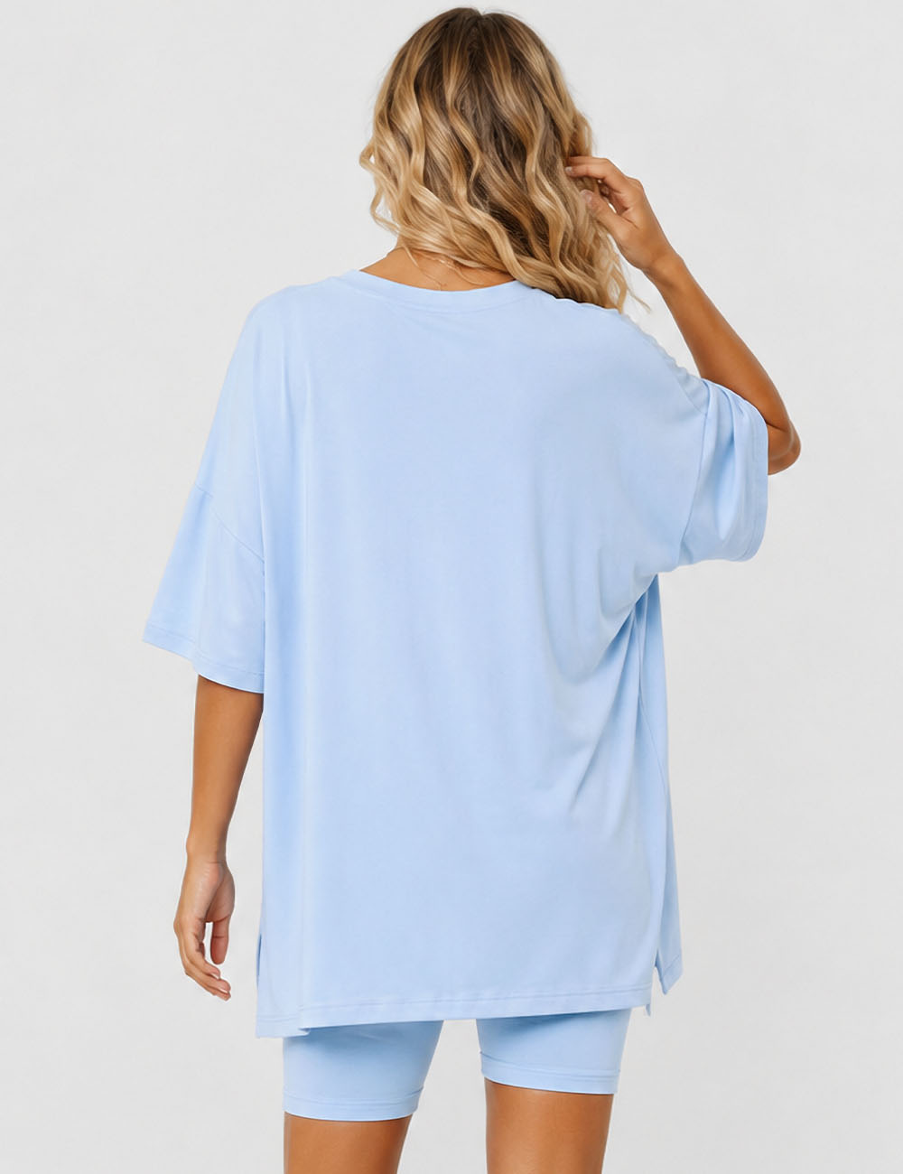 Ladies Solid Loungewear Outfits Loose Top & Slim Shorts Set