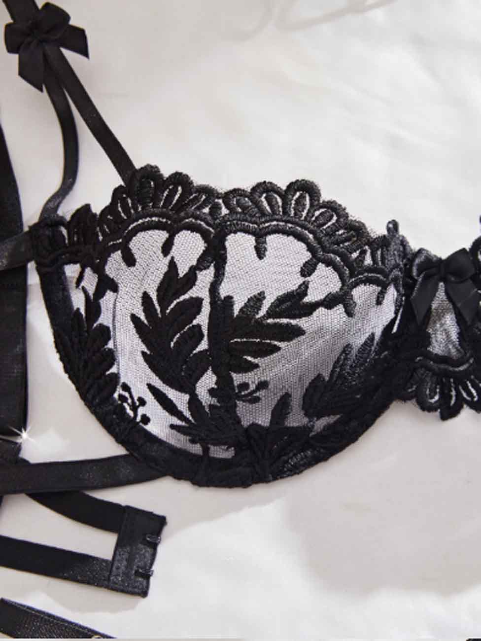 Ladies Floral Embroidery See Through Bra Thong Lingerie Set