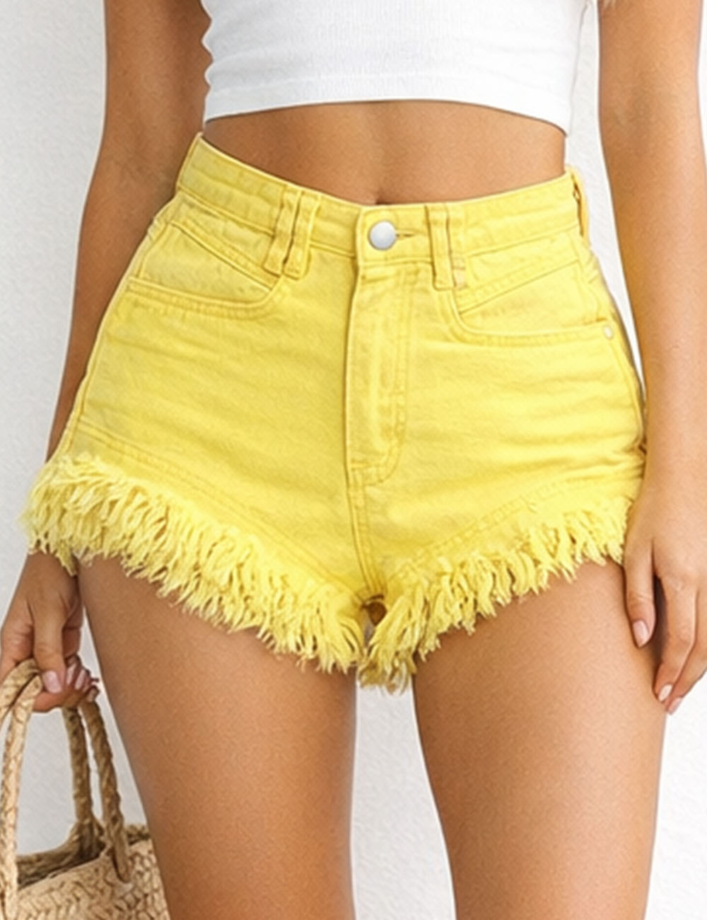 Ladies Distressed Raw Edge Frayed Hem Denim Shorts
