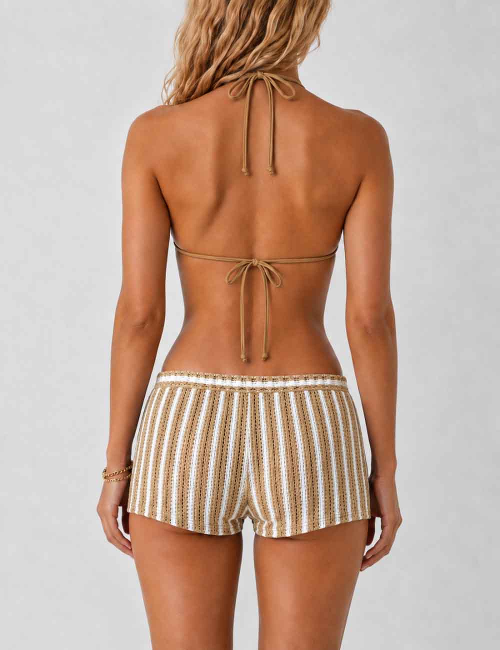 Ladies Striped Crochet Triangle 3 Piece Bikini Set With Cover Up Shorts