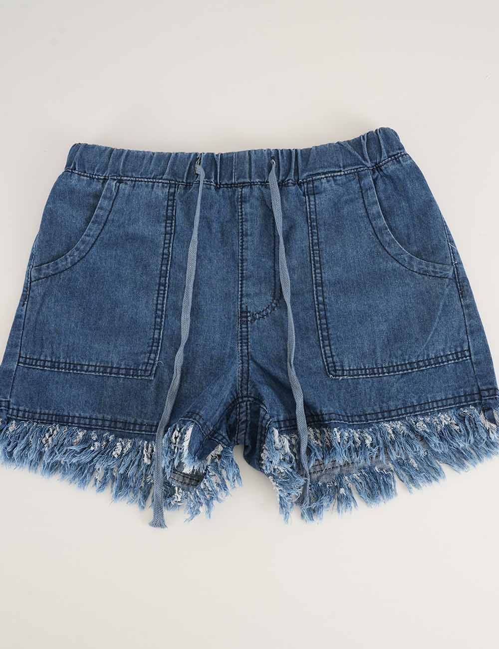 Ladies Solid Color Drawstring Waist Frayed Hem Denim Shorts
