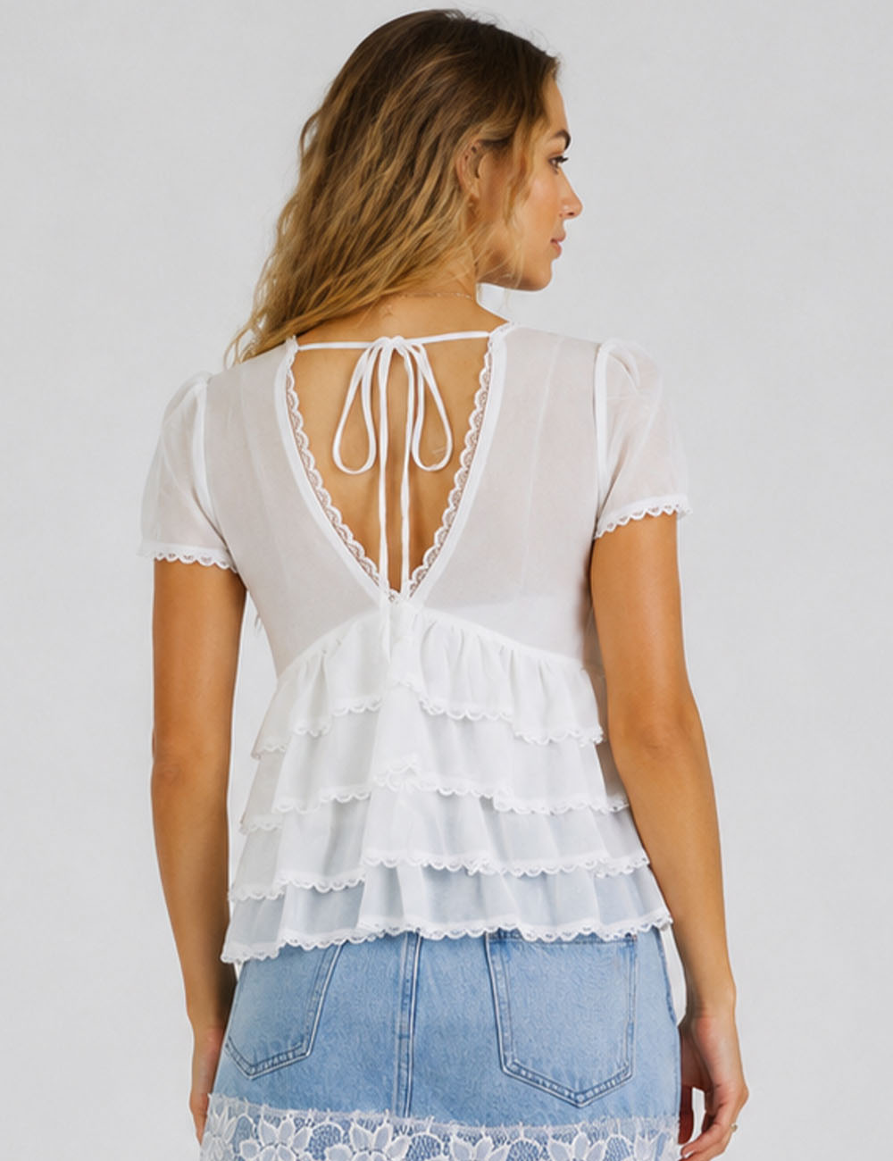 Ladies Chic V-Neck Tiered Ruffle Short Sleeves Top