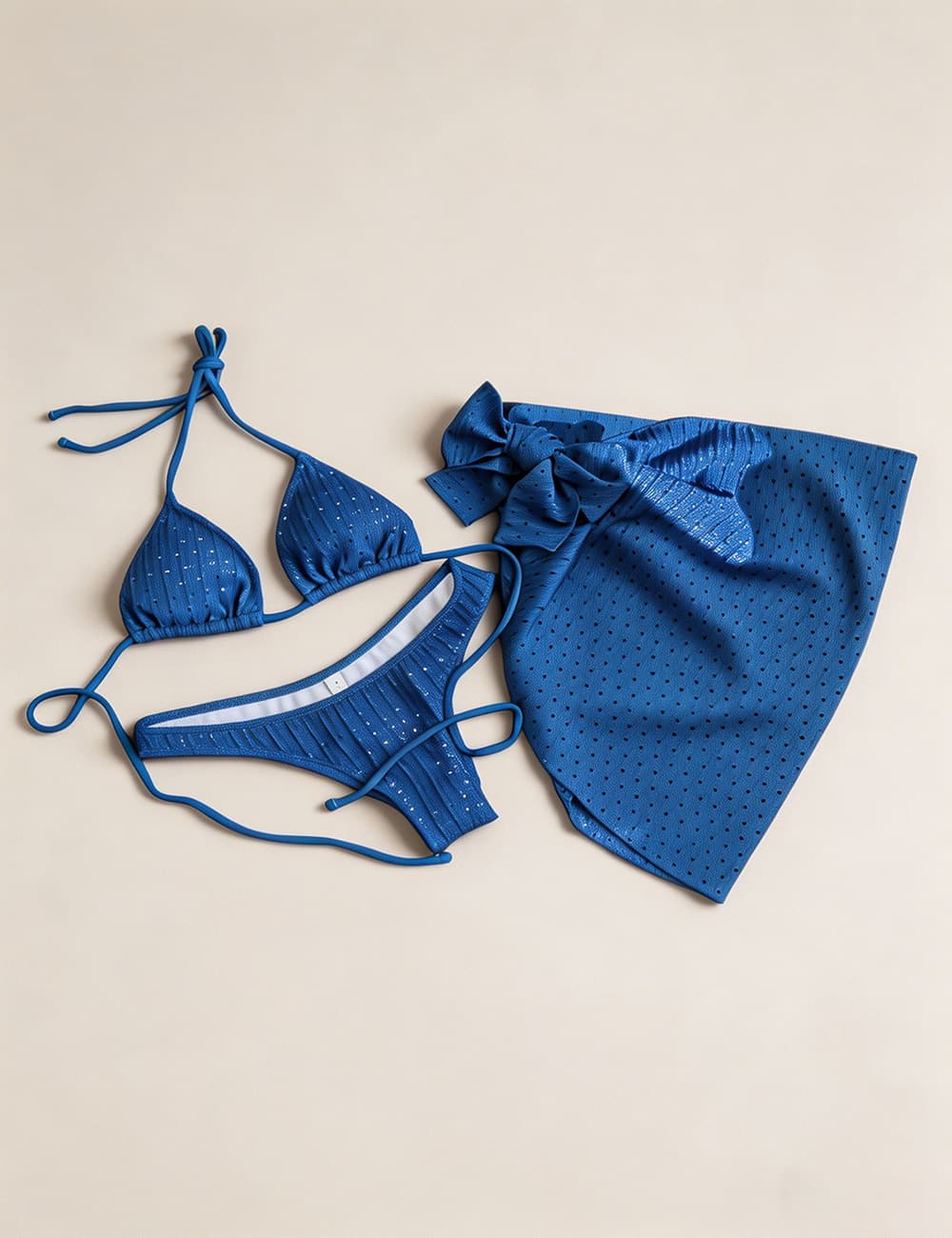 Ladies Solid Color Halter Triangle Bikini Set with Cover Up