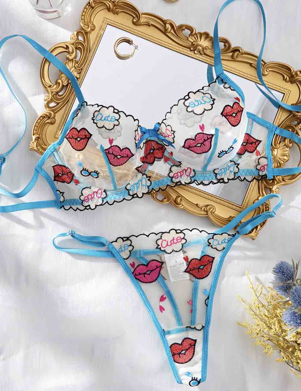 Ladies Red Lip Embroidery See Through 2PCS Lingerie Set 8HF4146