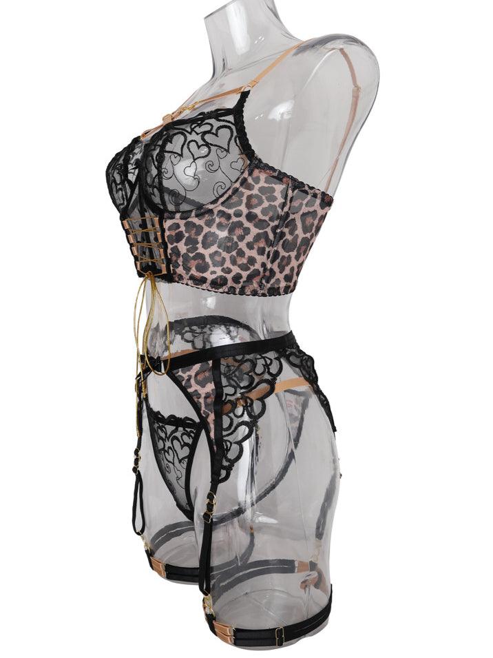 Ladies Leopard and Heart Lace Corset 3PCS Lingerie Set SKLG4025