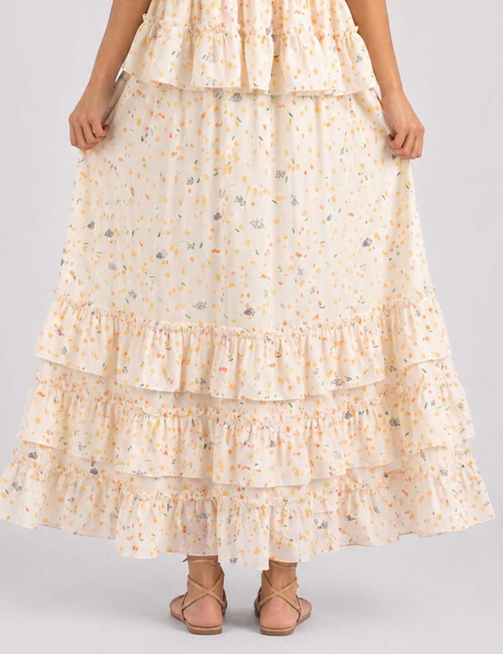 Ladies Floral Tiered Ruffle Smocked Waist Maxi Skirt