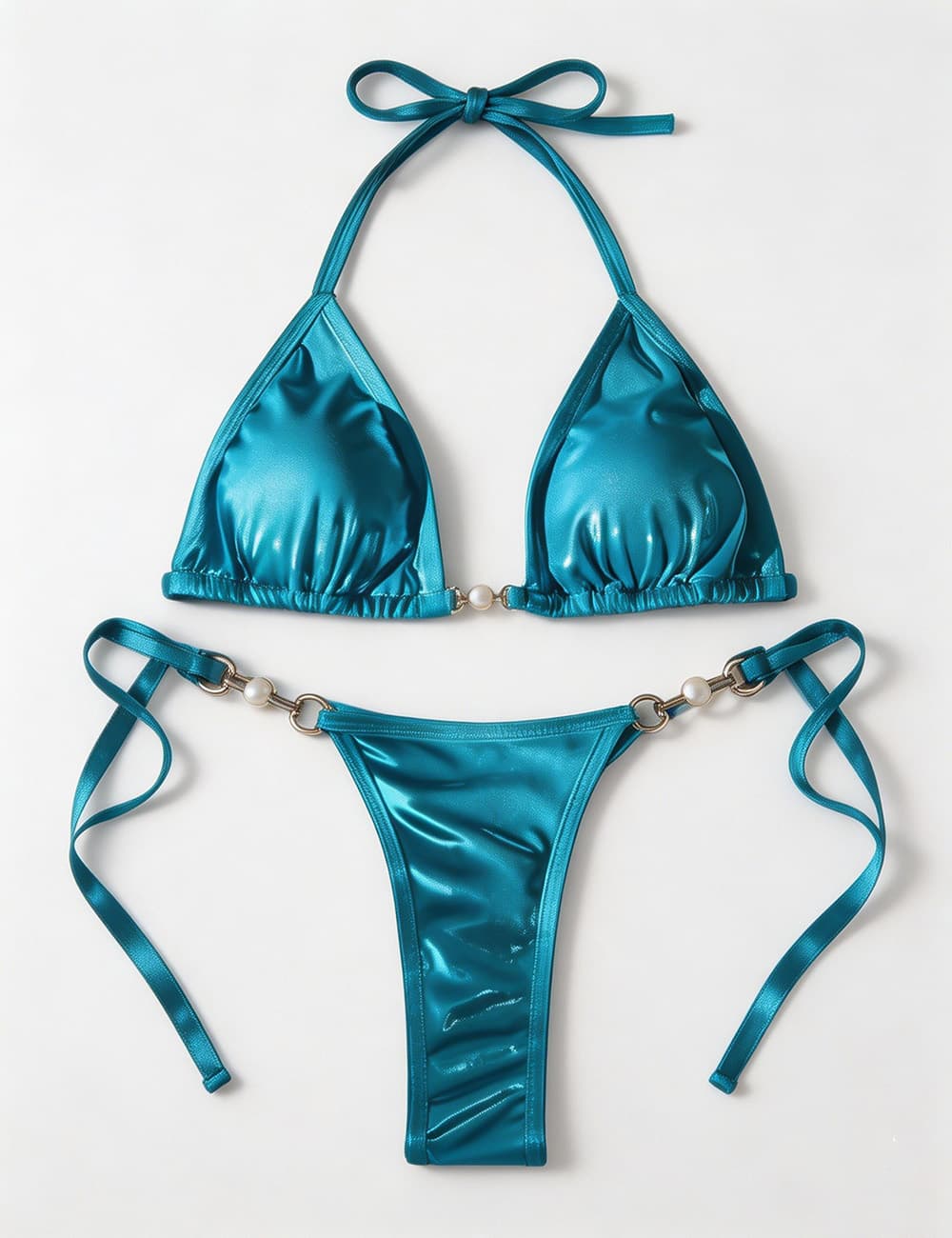Ladies Metallic Pearl Ring Halter Triangle 2 Piece Bikini Set