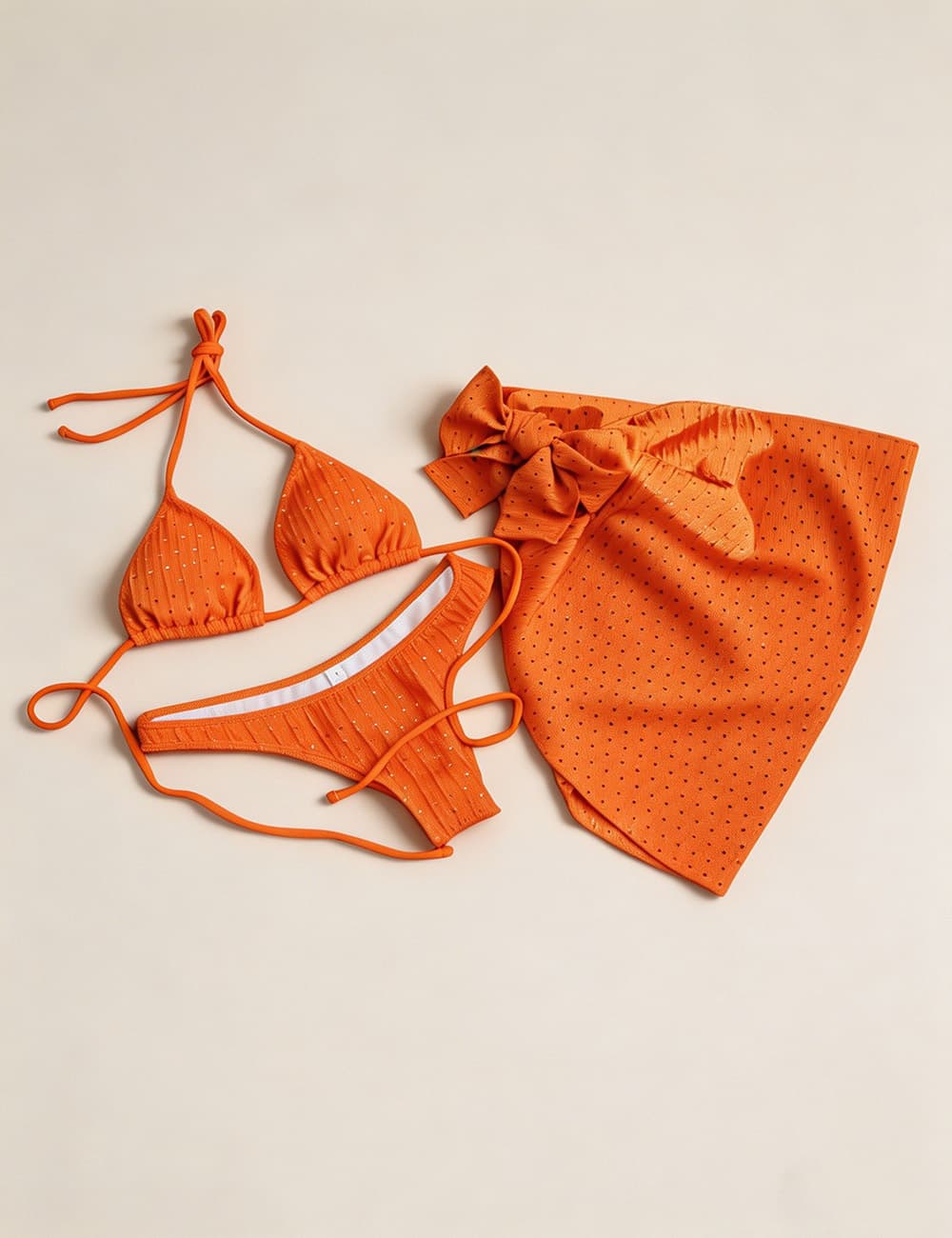 Ladies Solid Color Halter Triangle Bikini Set with Cover Up