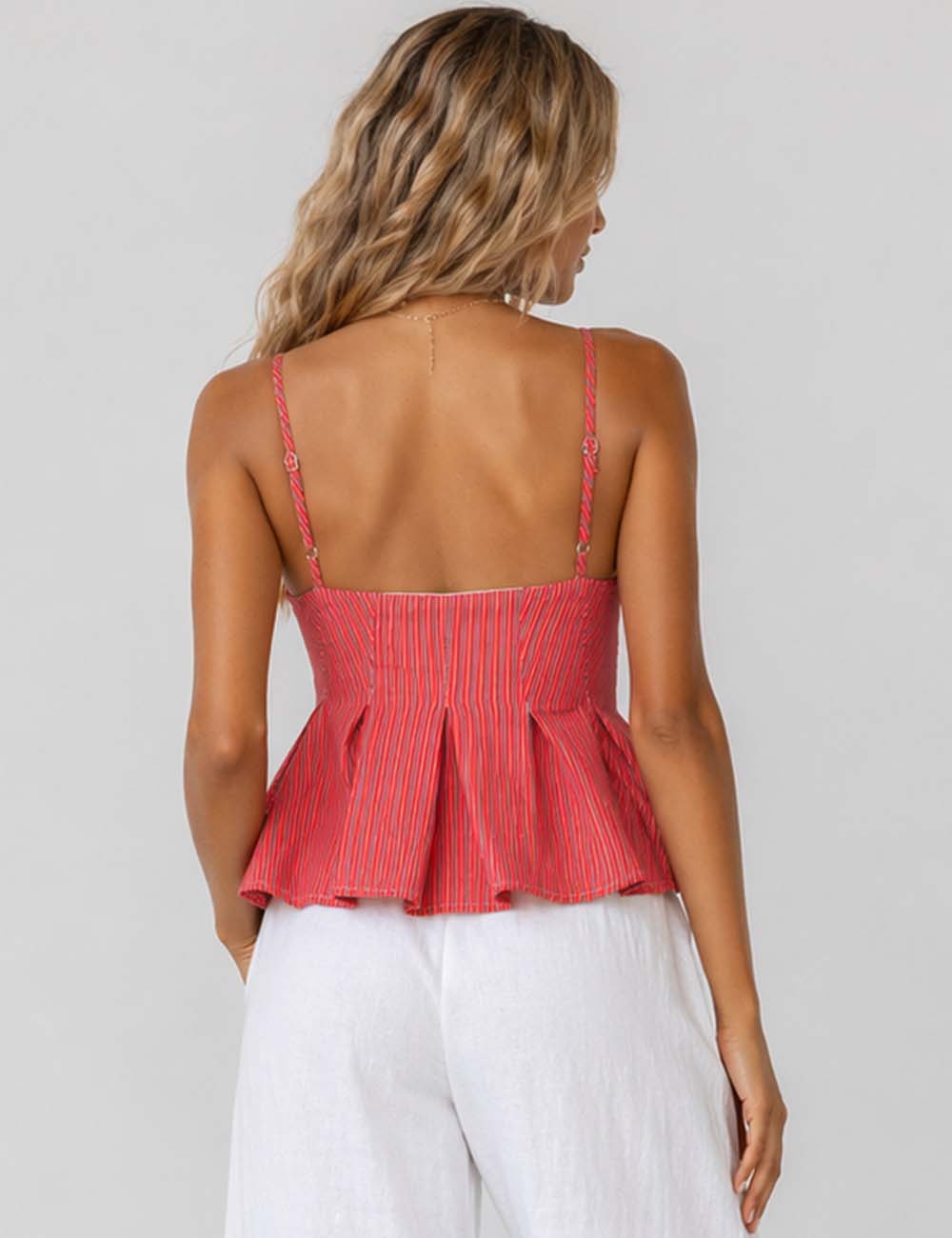 Ladies Chic Striped Spaghetti Strap Button Front Peplum Cami Top