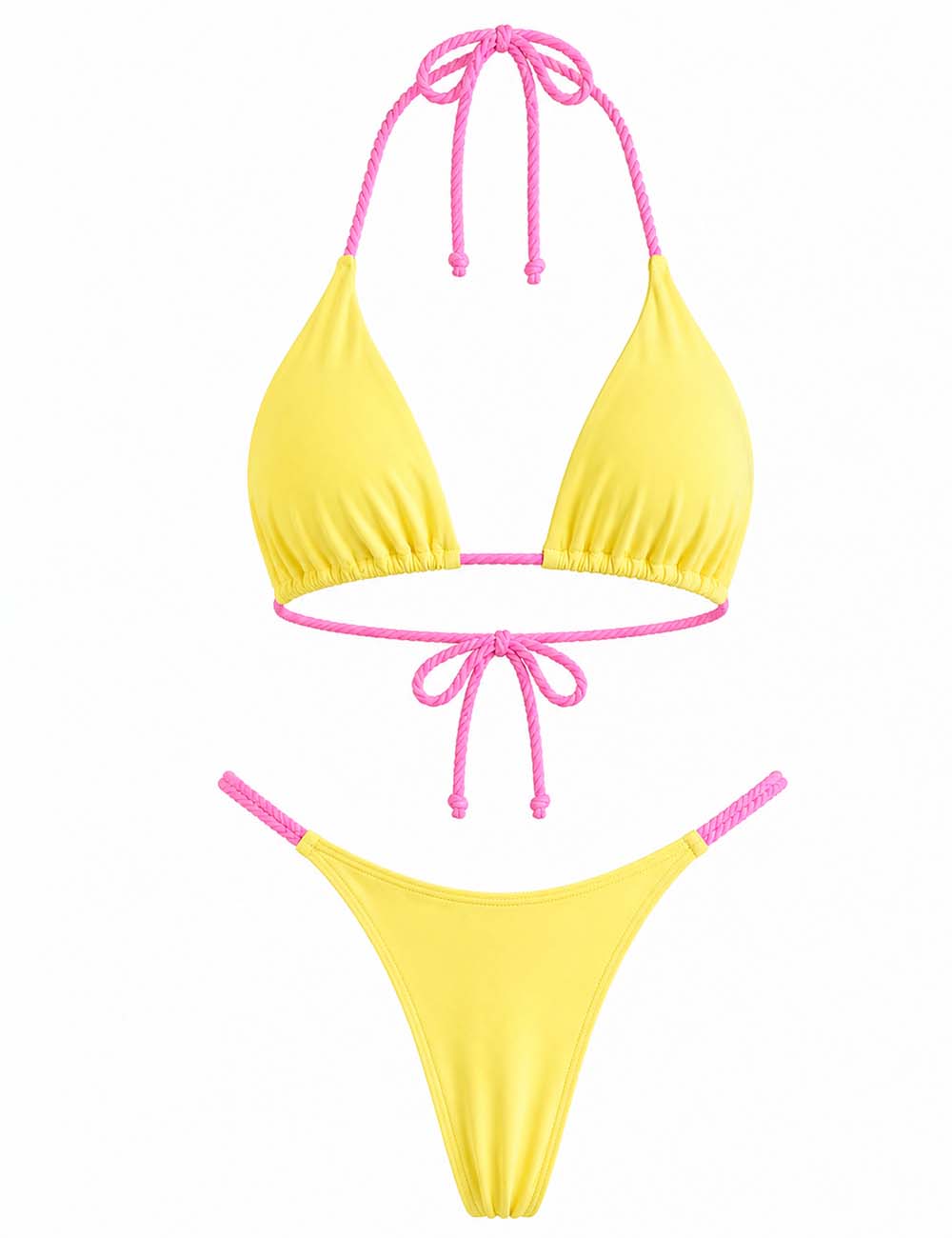 Ladies Color Block Braided Strap Triangle Bikini Set